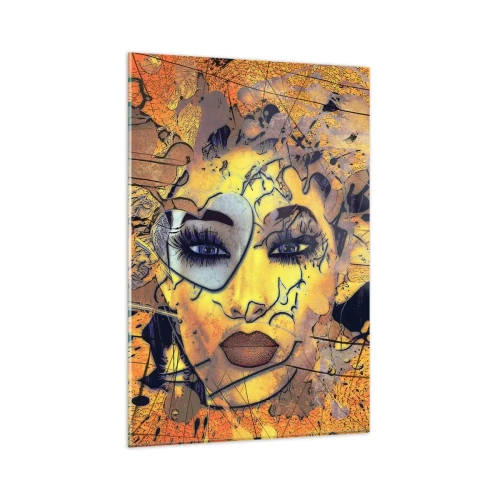 Obraz na szkle - Abstrakcyjny portret kobiety w złoto-żółtych tonacjach - 80x120cm - Słoneczna piękność - Nowoczesna dekoracja ścienna do salonu i sypialni ARTTOR