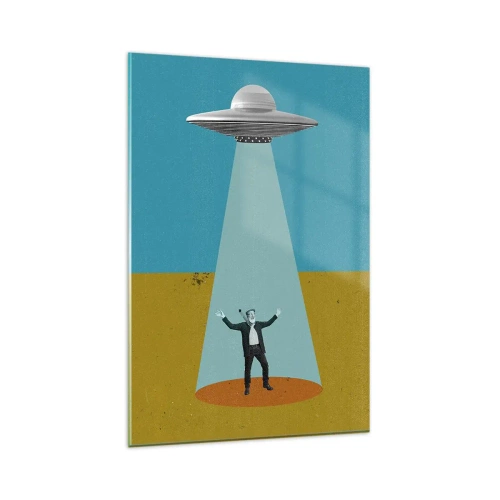 Obraz na szkle - Człowiek w świetle UFO na tle kolorowego pejzażu - 80x120cm - Bliskie spotkanie - Nowoczesna dekoracja ścienna do salonu i sypialni ARTTOR