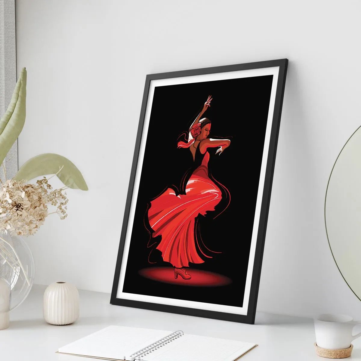 Plakat w czarnej ramie - Tancerka flamenco w czerwonej sukni na czarnym tle - 50x70cm - Ognisty duch flamenco - Nowoczesna dekoracja ścienna do salonu i sypialni ARTTOR