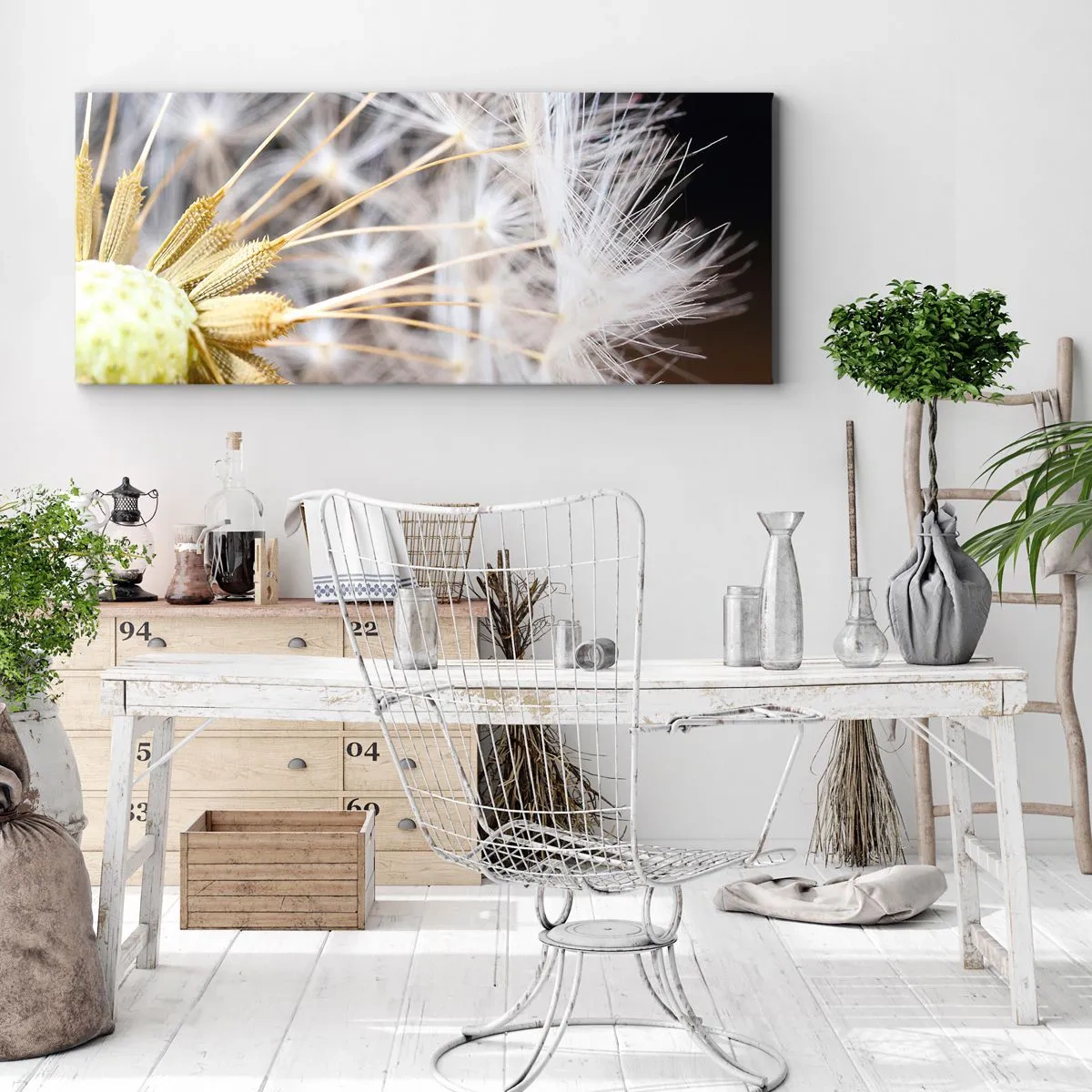 Obraz na płótnie - Makrofotografia dmuchawca z delikatnymi nasionami - 160x50cm - Tuż przed odlotem - Nowoczesna dekoracja ścienna do salonu i sypialni ARTTOR