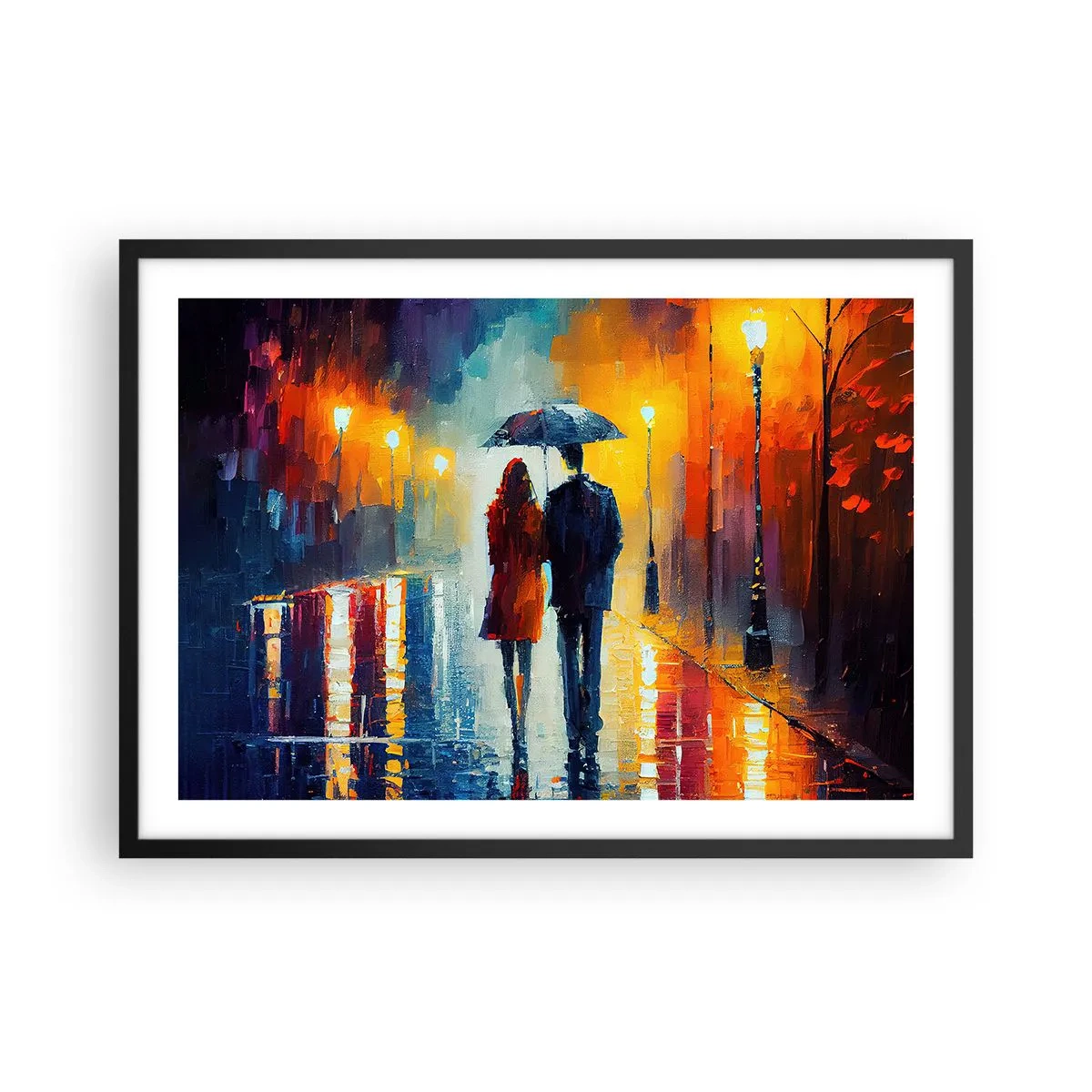 Plakat w czarnej ramie - Para pod parasolem spacerująca po kolorowym nocnym mieście - 70x50cm - Razem – kolorowa noc - Nowoczesna dekoracja ścienna do salonu i sypialni ARTTOR
