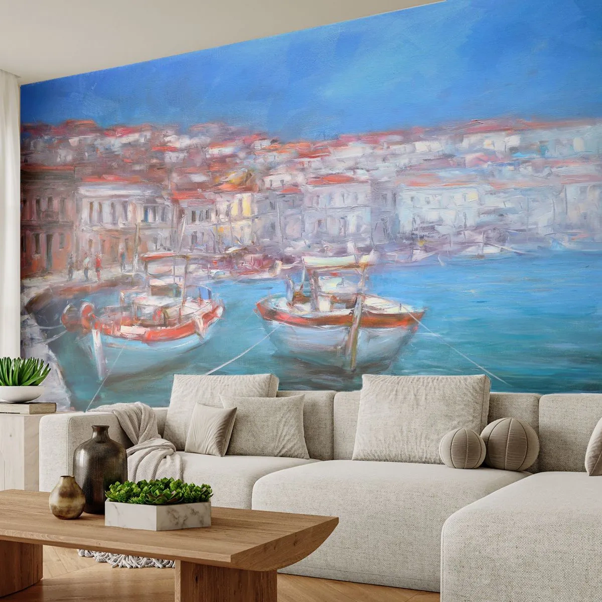 Fototapeta Premium Sand - Impresjonistyczny port nadmorskiego miasteczka z łodziami - 100x70cm - Włoska zatoka - Nowoczesna dekoracja ścienna do salonu, kuchni i sypialni ARTTOR