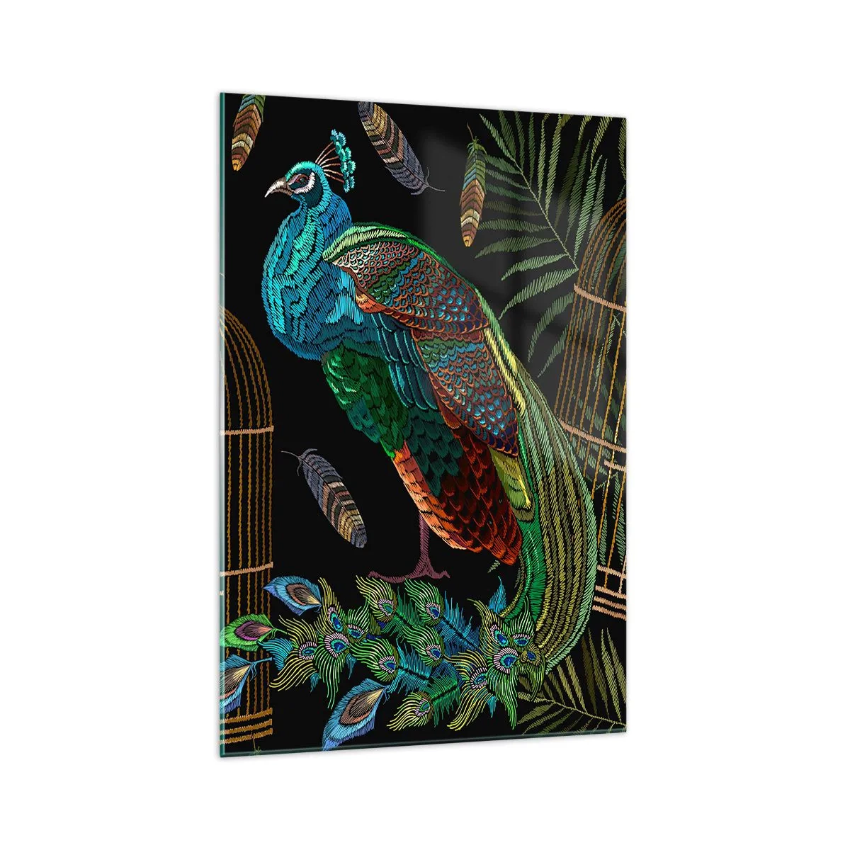 Obraz na szkle - Pawie przy złotej klatce na czarnym tle - 70x100cm - W królewskich szatach - Nowoczesna dekoracja ścienna do salonu i sypialni ARTTOR