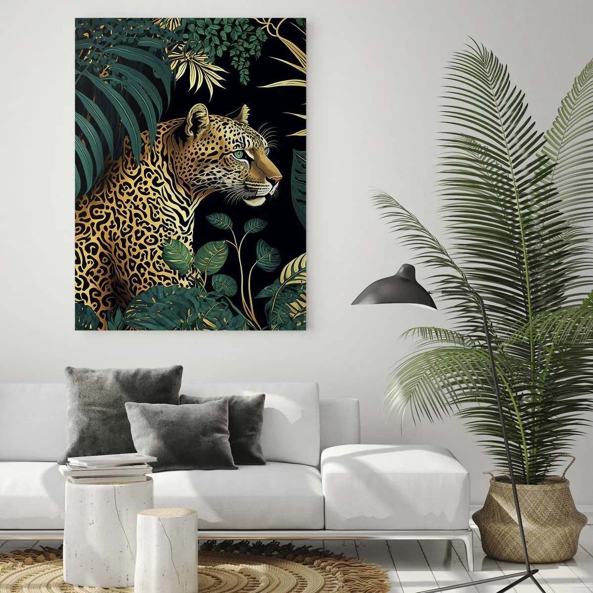 Obraz na szkle - Leopard w tropikalnych liściach na czarnym tle - 70x100cm - Gospodarz w dżungli - Nowoczesna dekoracja ścienna do salonu i sypialni ARTTOR