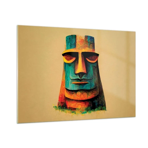 Obraz na szkle - Kolorowy portret inspirowany kamiennym posągiem na beżowym tle - 100x70cm - Posągowy, a sympatyczny - Nowoczesna dekoracja ścienna do salonu, kuchni i sypialni ARTTOR