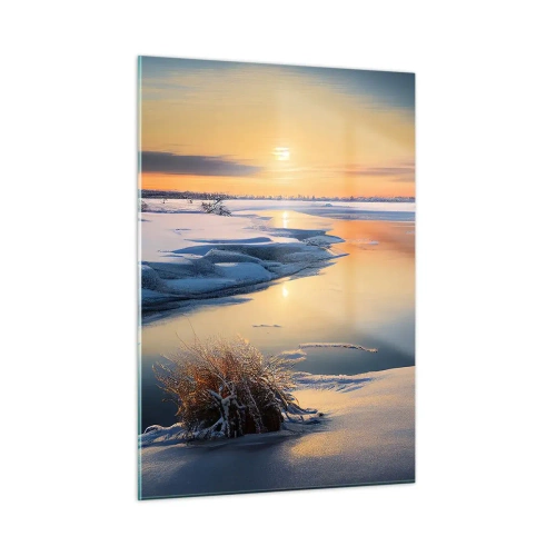 Obraz na szkle - Zimowy krajobraz z zachodem słońca nad zamarzniętą rzeką - 50x70cm - Zimowy zachód słońca - Nowoczesna dekoracja ścienna do salonu, kuchni i sypialni ARTTOR