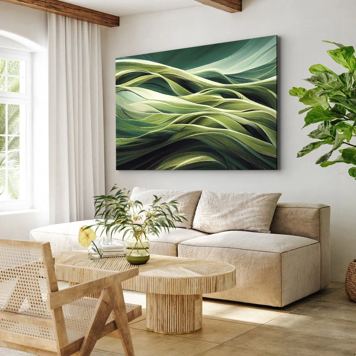 Obraz na płótnie - Dynamiczne linie w odcieniach zieleni - 70x50cm - Abstrakcyjna gra w zielone - Nowoczesna dekoracja ścienna do salonu i sypialni ARTTOR