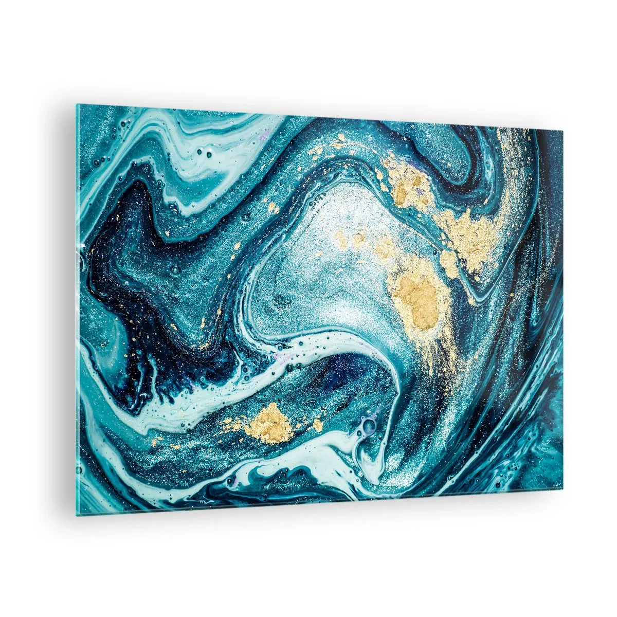 Obraz na szkle - Abstrakcyjne wiry w odcieniach turkusu i złota - 70x50cm - Błekitny wir - Nowoczesna dekoracja ścienna do salonu i sypialni ARTTOR