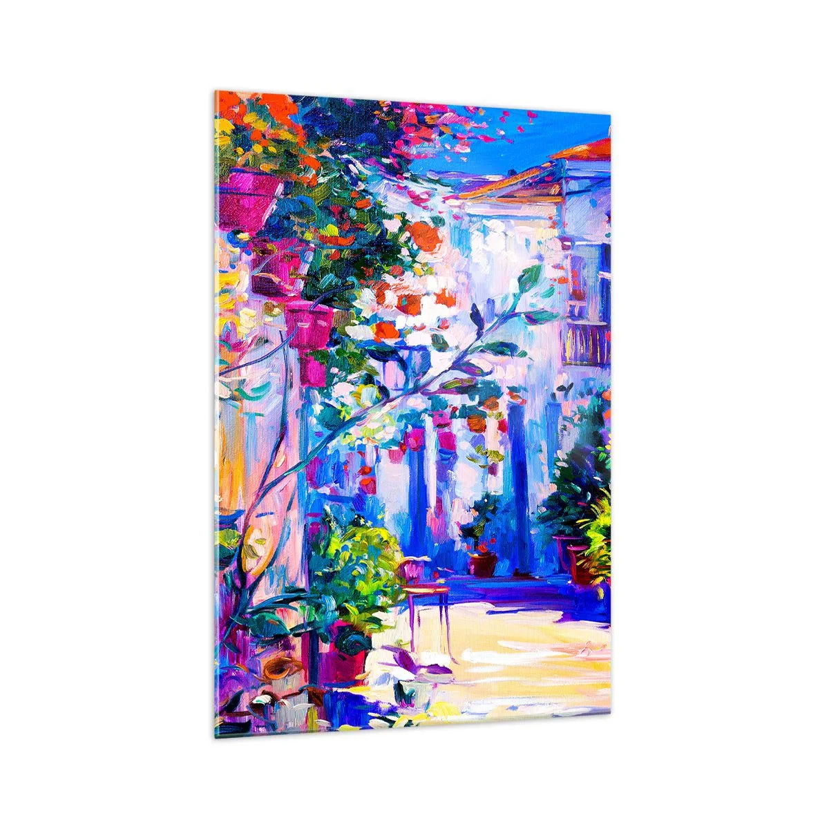 Obraz na szkle - Kolorowa uliczka pełna kwiatów - 70x100cm - Impresja - włoska uliczka - Nowoczesna dekoracja ścienna do salonu i sypialni ARTTOR