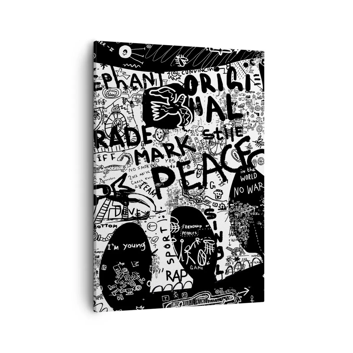 Obraz na płótnie - Czarno-biała grafika graffiti z hasłami i symbolami - 50x70cm - Bogaty świat ulicy - Nowoczesna dekoracja ścienna do salonu, kuchni i sypialni ARTTOR