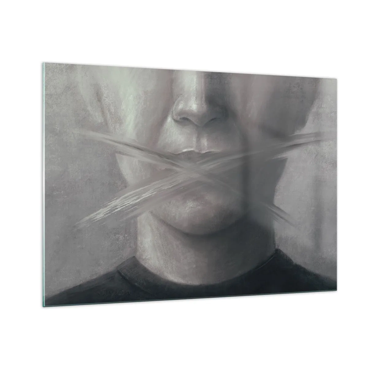 Obraz na szkle - Portret osoby z zamazanymi ustami w odcieniach szarości - 100x70cm - Ani słowa - Nowoczesna dekoracja ścienna do salonu, kuchni i sypialni ARTTOR
