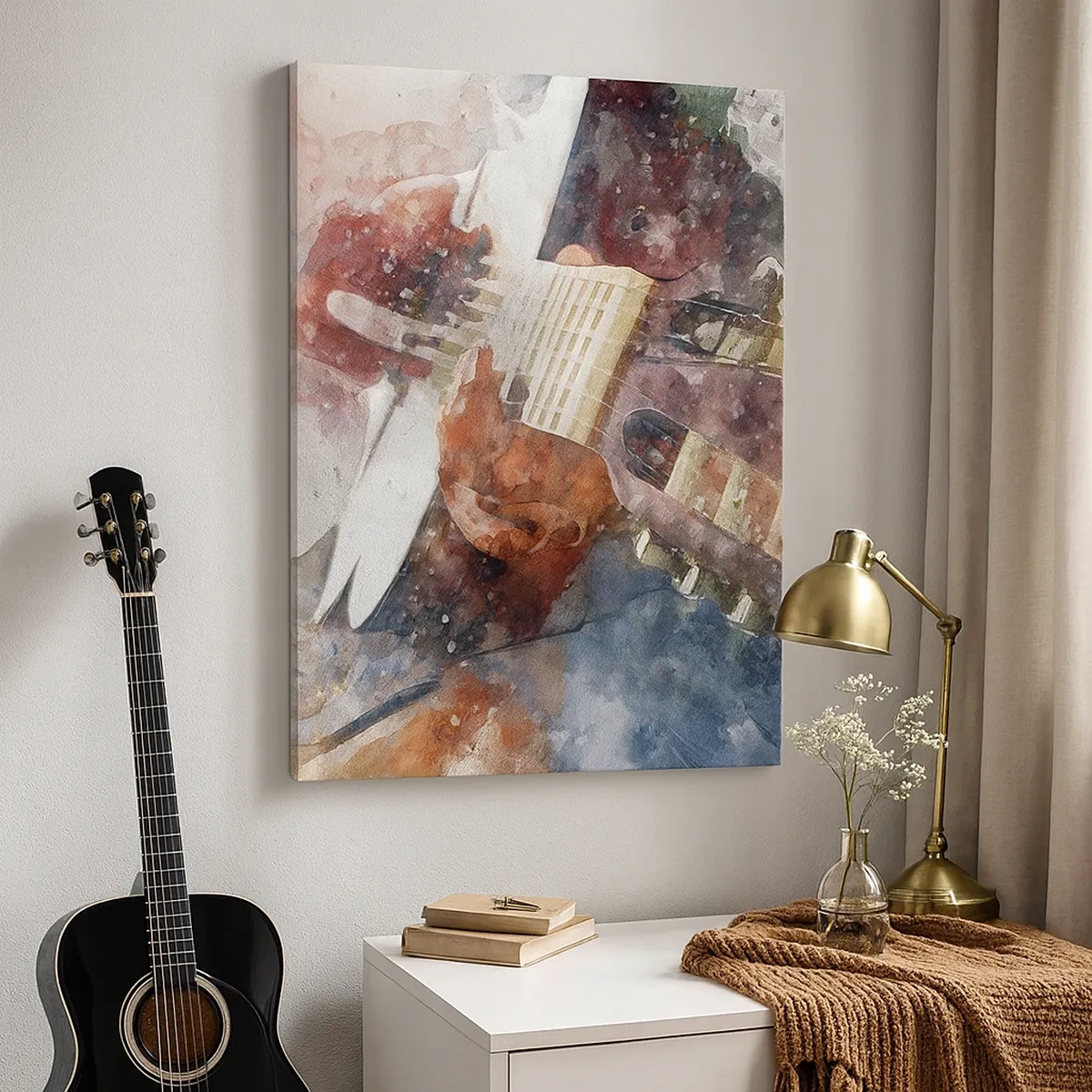 Obraz na płótnie - Artystyczna akwarela przedstawiająca gitarzystę w trakcie gry - 50x70cm - I co o tym myślisz? - Nowoczesna dekoracja ścienna do salonu, kuchni i sypialni ARTTOR
