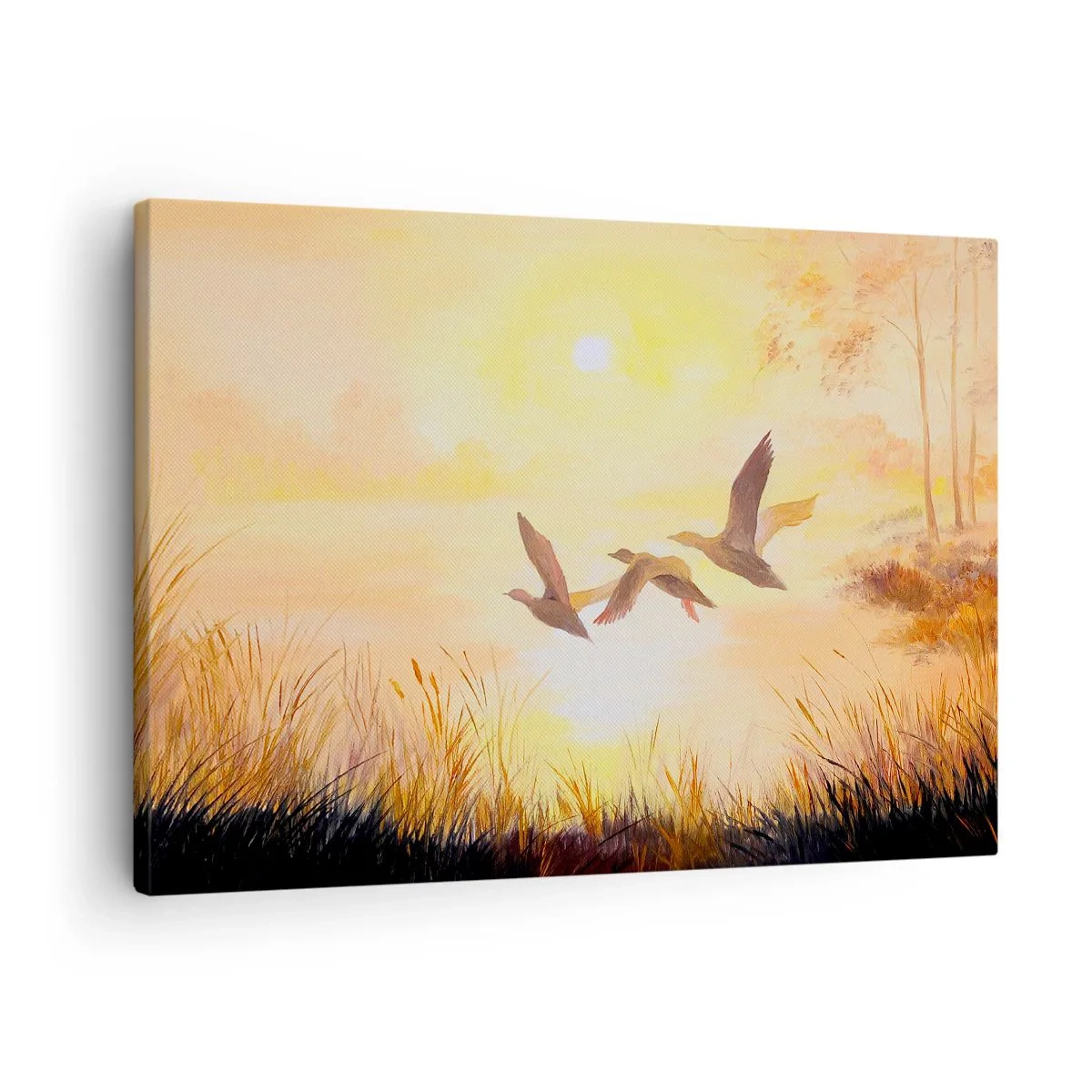Obraz na płótnie - Lecące kaczki o wschodzie słońca nad jeziorem - 70x50cm - Początek dalekiej podróży - Nowoczesna dekoracja ścienna do salonu i sypialni ARTTOR