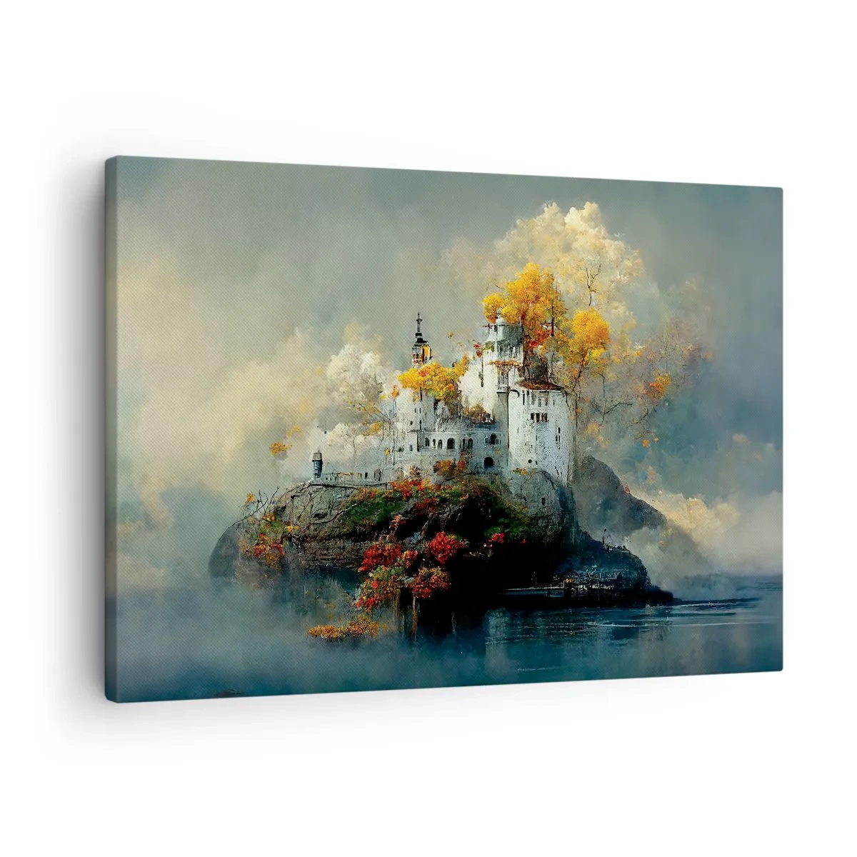 Obraz na płótnie - Zamek na wzgórzu otoczony jesiennymi drzewami - 70x50cm - Początek romantycznej opowieści - Nowoczesna dekoracja ścienna do salonu i sypialni ARTTOR