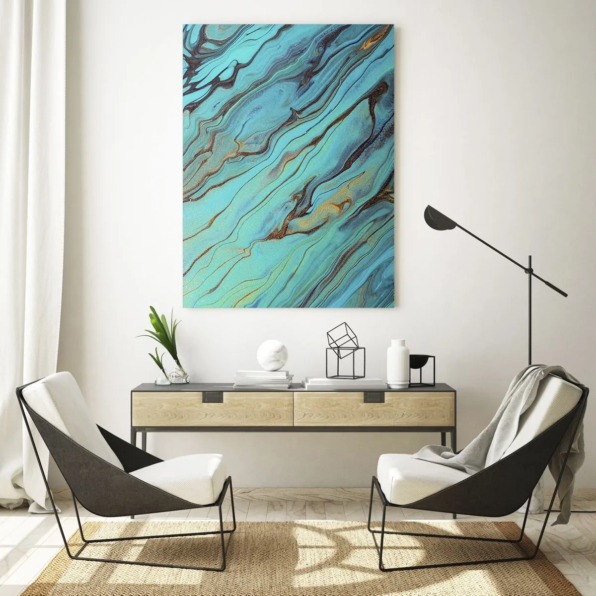 Obraz na szkle - Abstrakcyjne fale w odcieniach turkusu i złota - 80x120cm - Turkusowy przypływ - Nowoczesna dekoracja ścienna do salonu i sypialni ARTTOR