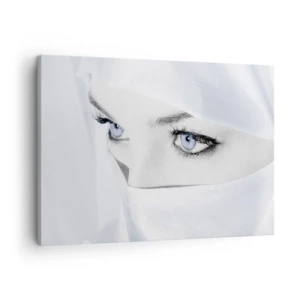 Obraz na płótnie - Portret kobiety z błękitnymi oczami ukrytej za białym welonem - 70x50cm - Wprost z tysiąca i jednej nocy - Nowoczesna dekoracja ścienna do salonu i sypialni ARTTOR
