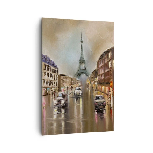 Obraz na płótnie - Wieczorny pejzaż ulicy Paryża z widokiem na wieżę Eiffla - 70x100cm - Liczy się tylko ona - Nowoczesna dekoracja ścienna do salonu i sypialni ARTTOR