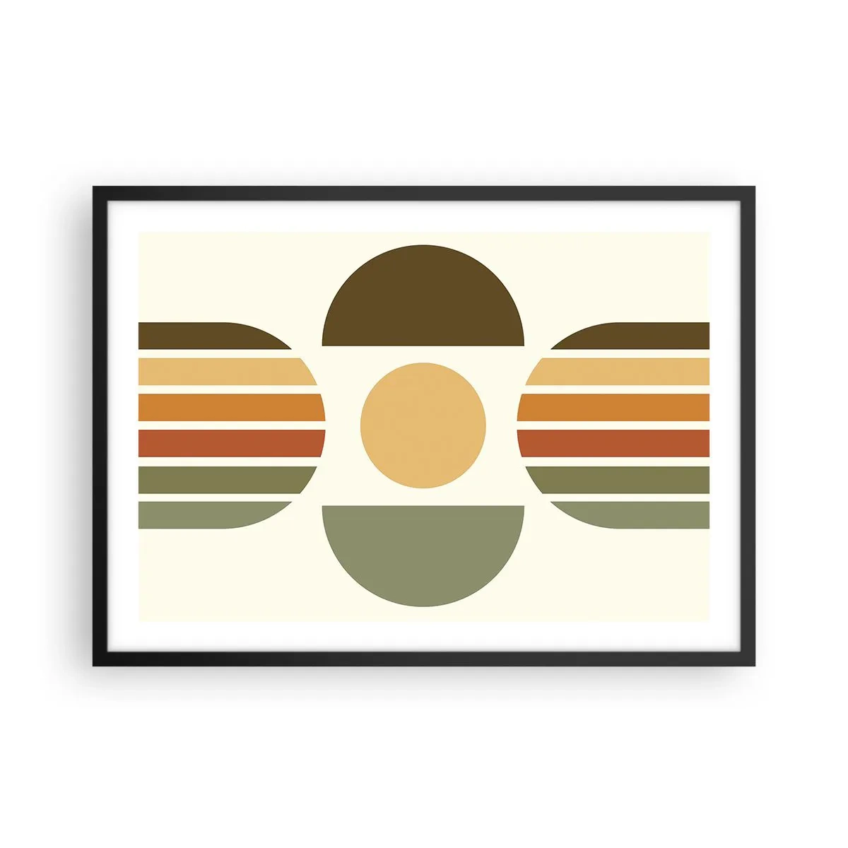 Plakat w czarnej ramie - Geometryczna kompozycja z półokręgami i paskami w odcieniach ziemi - 70x50cm - W kolorach ziemi - Nowoczesna dekoracja ścienna do salonu i sypialni ARTTOR