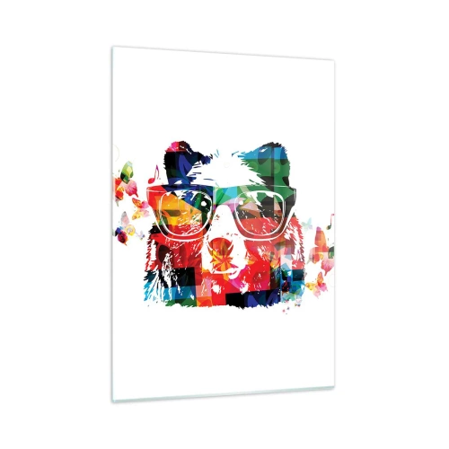 Obraz na szkle - Kolorowy niedźwiedź w okularach w stylu pop-art z motywem muzycznym - 50x70cm - Podoba misie! - Nowoczesna dekoracja ścienna do salonu, kuchni i sypialni ARTTOR