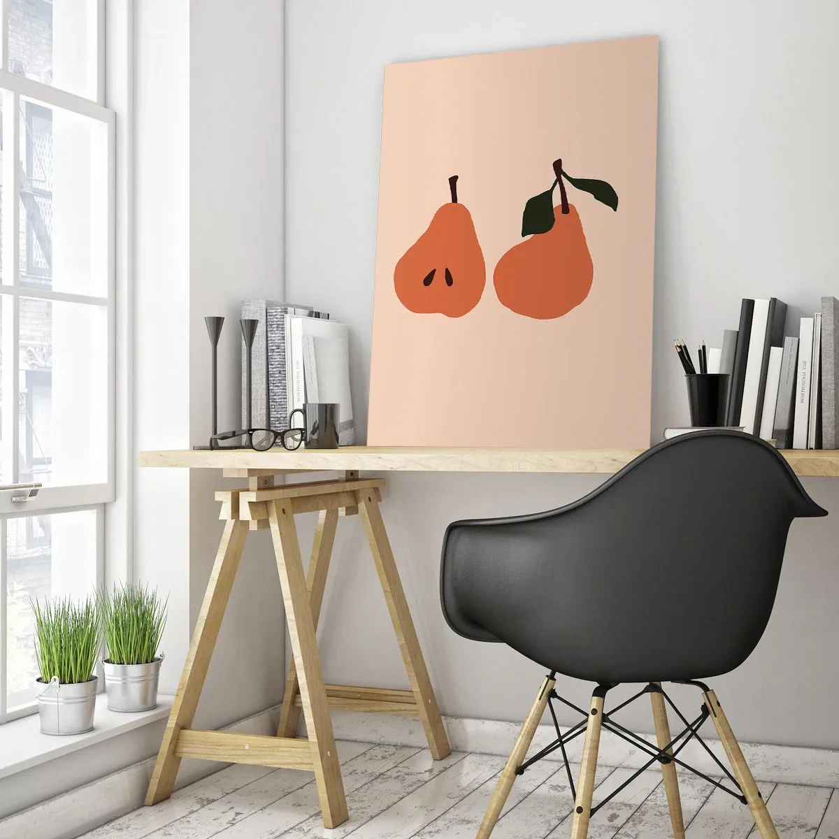 Obraz na szkle - Ilustracja dwóch gruszek na beżowym tle w stylu minimalistycznym - 50x70cm - Sama słodycz - Nowoczesna dekoracja ścienna do salonu, kuchni i sypialni ARTTOR