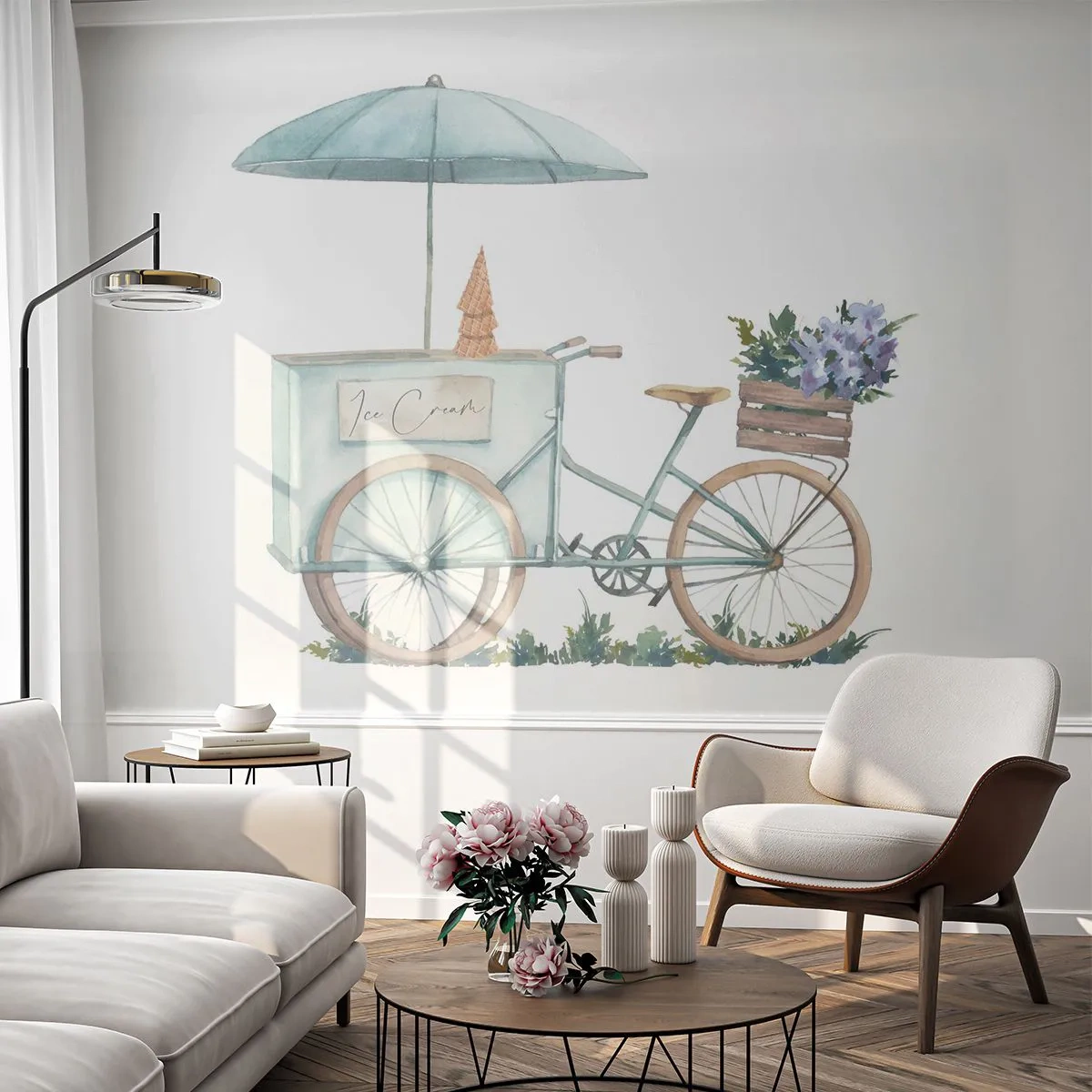 Fototapeta Premium Sand - Słodkie wspomnienie lata - Pastelowy, Lody, Rower - 400x280 cm