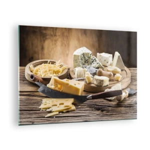 Obraz na szkle - Deska serów z nożem na rustykalnym stole - 70x50cm - Uśmiechnij się do sera - Nowoczesna dekoracja ścienna do salonu i sypialni ARTTOR