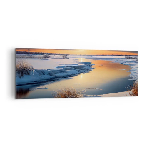 Obraz na płótnie - Zimowy krajobraz z rzeką o zachodzie słońca - 140x50cm - Zimowy zachód słońca - Nowoczesna dekoracja ścienna do salonu i sypialni ARTTOR