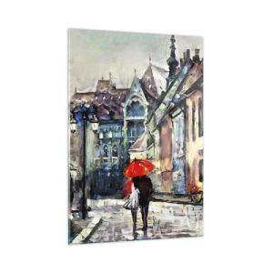 Obraz na szkle - Para pod czerwonym parasolem spacerująca po malowniczej uliczce - 50x70cm - Deszcz dla dwojga - Nowoczesna dekoracja ścienna do salonu, kuchni i sypialni ARTTOR