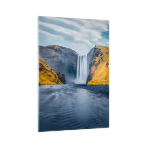 Obraz na szkle - Wodospad otoczony żółtymi wzgórzami z jeziorem na pierwszym planie - 70x100cm - Wieczne trwanie, wieczny ruch - Nowoczesna dekoracja ścienna do salonu i sypialni ARTTOR