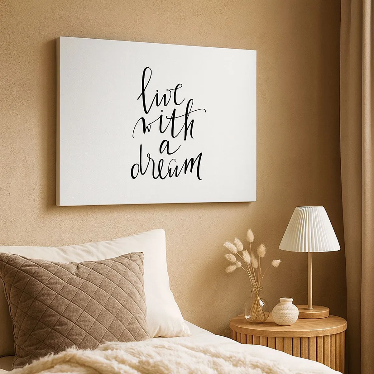 Obraz na płótnie - Minimalistyczny obraz z napisem 'live with a dream' w czerni na białym tle - 70x50cm - Of course - Nowoczesna dekoracja ścienna do salonu i sypialni ARTTOR