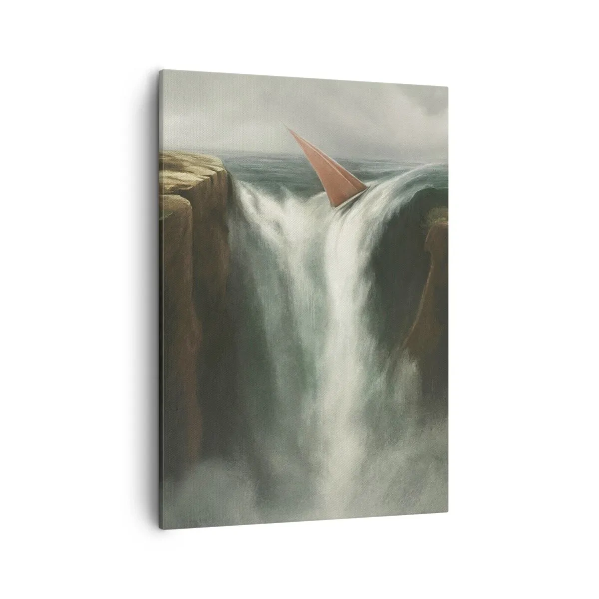 Obraz na płótnie - Żaglówka spadająca z wodospadu w surrealistycznej scenerii - 50x70cm - Życiowa przestroga - Nowoczesna dekoracja ścienna do salonu, kuchni i sypialni ARTTOR