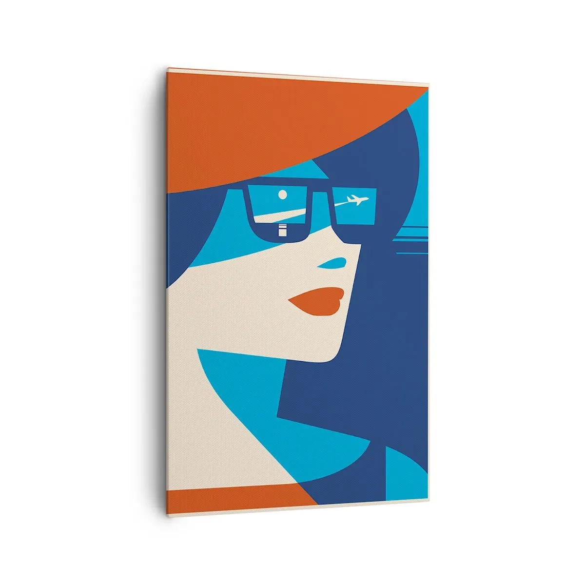 Obraz na płótnie - Grafika kobiety w okularach przeciwsłonecznych z odbiciem samolotu - 80x120cm - Wakacyjna podróż - Nowoczesna dekoracja ścienna do salonu i sypialni ARTTOR