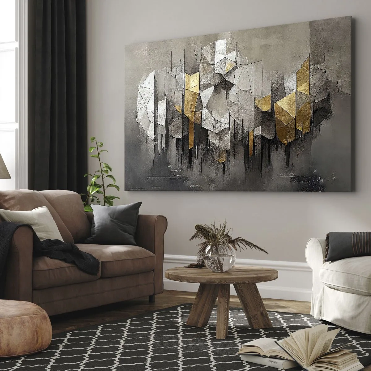 Obraz na płótnie - Geometryczna abstrakcja w odcieniach złota i szarości - 70x50cm - Kompozycja z lodu i światła - Nowoczesna dekoracja ścienna do salonu i sypialni ARTTOR