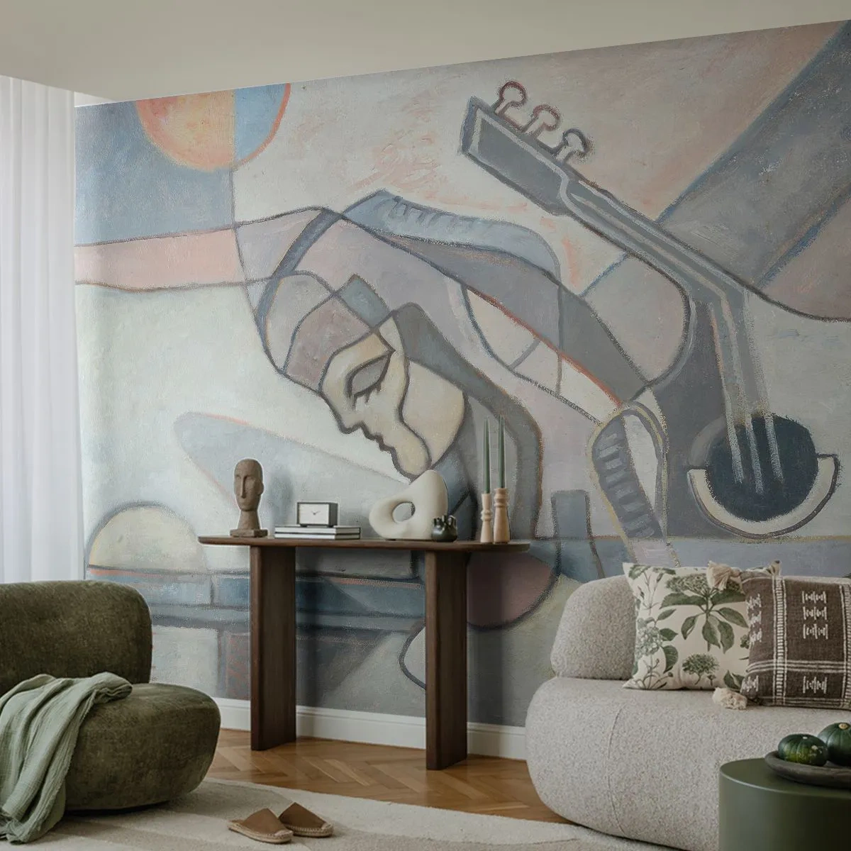 Fototapeta Premium Canvas - Abstrakcyjna postać z gitarą w pastelowej kolorystyce - 100x70cm - We władzy muzyki - Nowoczesna dekoracja ścienna do salonu i sypialni ARTTOR