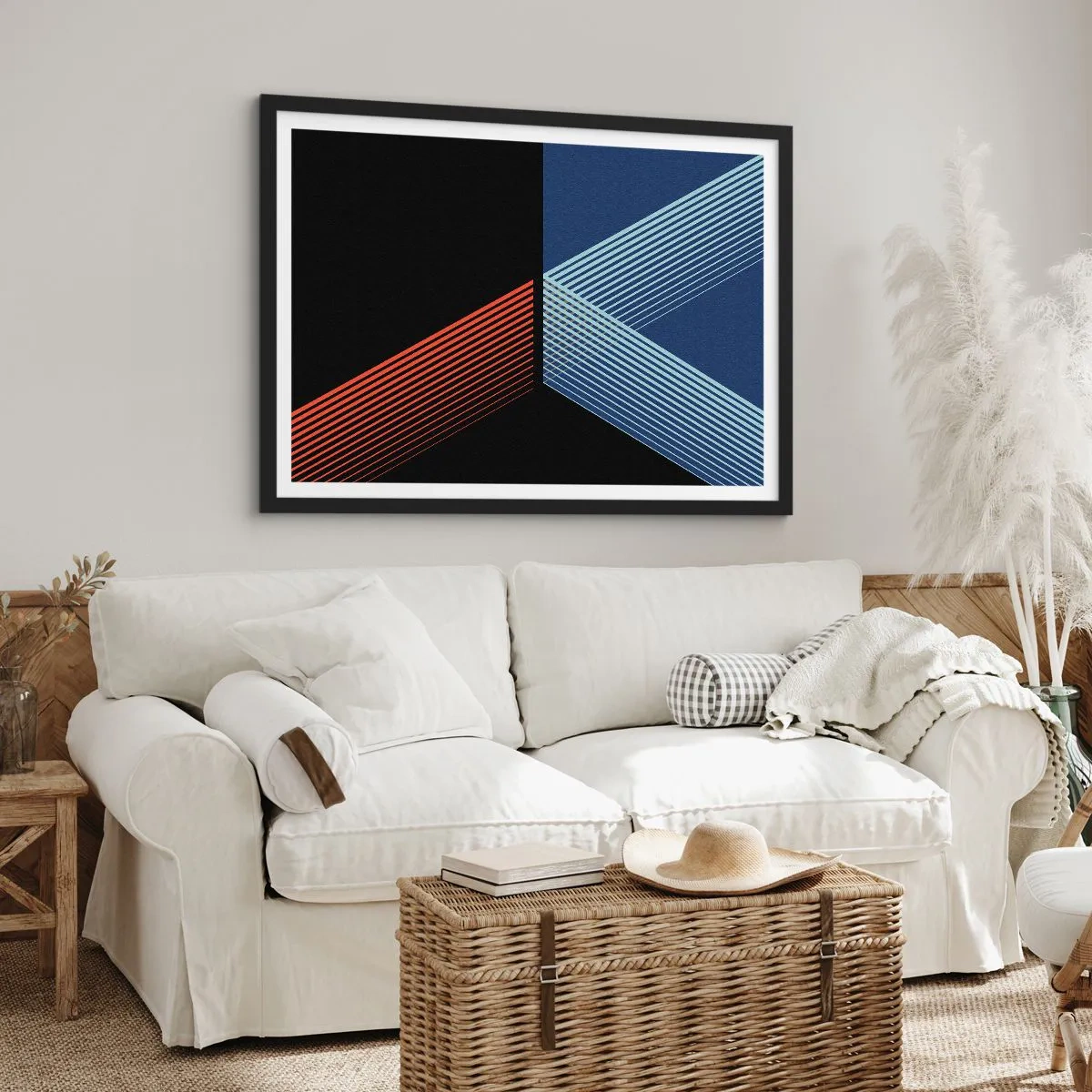 Plakat w czarnej ramie - Geometryczne linie w odcieniach czerwieni i błękitu - 70x50cm - Prosta historia - Nowoczesna dekoracja ścienna do salonu i sypialni ARTTOR