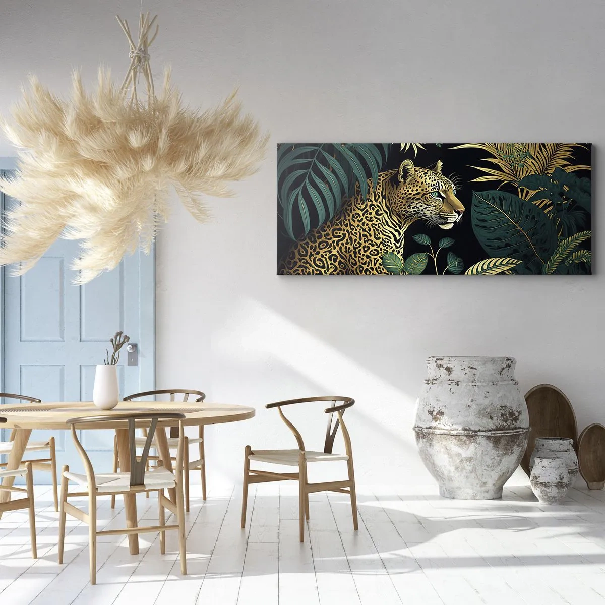 Obraz na płótnie - Leopard w tropikalnych liściach na czarnym tle - 160x50cm - Gospodarz w dżungli - Nowoczesna dekoracja ścienna do salonu i sypialni ARTTOR
