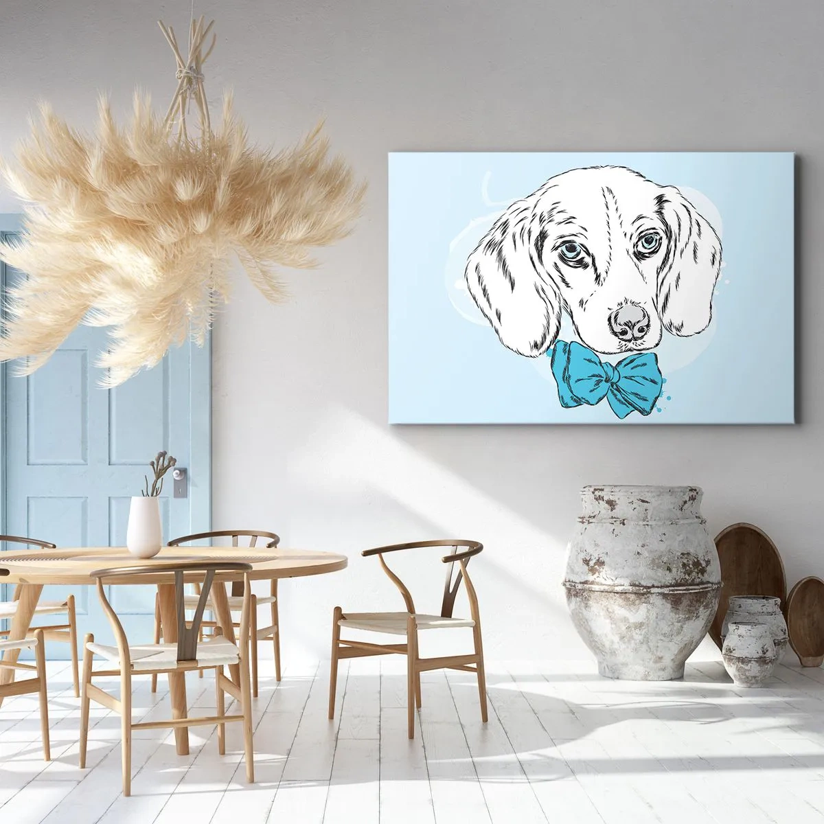 Obraz na płótnie - Urocza grafika psa z muszką na pastelowym tle - 70x50cm - Psia elegancja - Nowoczesna dekoracja ścienna do salonu i sypialni ARTTOR