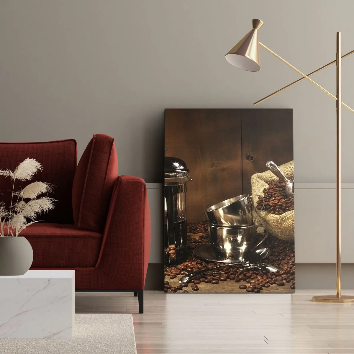 Obraz na płótnie - French press, filiżanki i worek kawy na drewnianym tle - 80x120cm - Czar kawy - aromat i smak - Nowoczesna dekoracja ścienna do salonu i sypialni ARTTOR