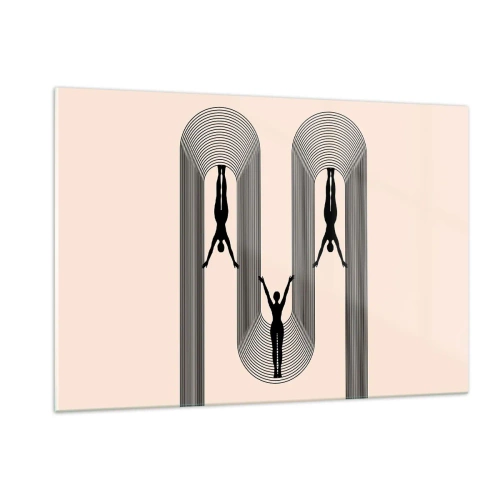 Obraz na szkle - Czarne sylwetki postaci zawieszone w rytmicznych łukach - 120x80cm - Do góry nogami - Nowoczesna dekoracja ścienna do salonu, kuchni i sypialni ARTTOR