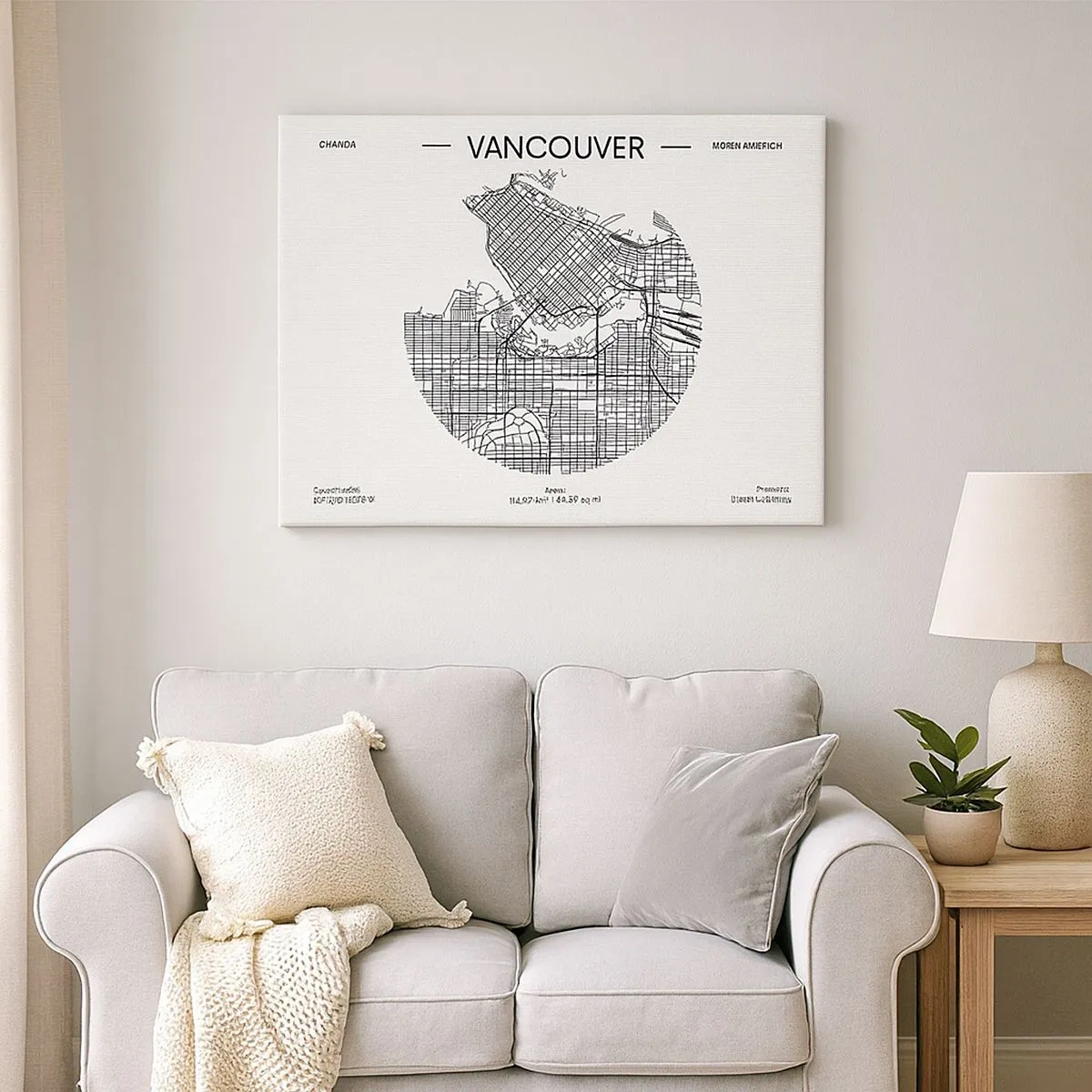 Obraz na płótnie - Mapa Vancouver w minimalistycznym, czarno-białym stylu - 70x50cm - Anatomia Vancouver - Nowoczesna dekoracja ścienna do salonu i sypialni ARTTOR