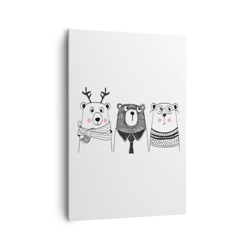 Obraz na płótnie - Trzy zabawne niedźwiedzie w minimalistycznym stylu - 70x100cm - Miś, misiaczek i misio - Nowoczesna dekoracja ścienna do salonu i sypialni ARTTOR