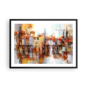 Plakat w czarnej ramie - Malownicza panorama miasta z mostem w jesiennych barwach - 70x50cm - Pod mostem też pięknie - Nowoczesna dekoracja ścienna do salonu i sypialni ARTTOR