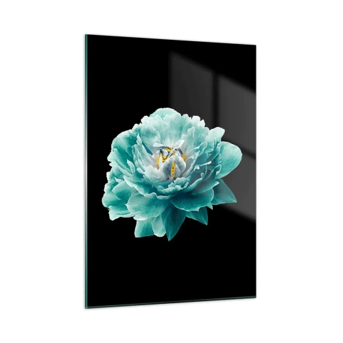 Obraz na szkle - Turkusowy kwiat z żółtym środkiem na czarnym tle w stylu glamour - 50x70cm - Płatki błękitne i złote - Nowoczesna dekoracja ścienna do salonu, kuchni i sypialni ARTTOR