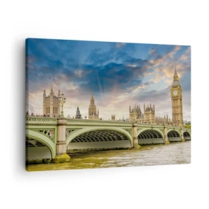 Obraz na płótnie - Big Ben i Westminster Bridge na tle nieba o zmierzchu - 70x50cm - Czas stanął w Imperium - Nowoczesna dekoracja ścienna do salonu i sypialni ARTTOR
