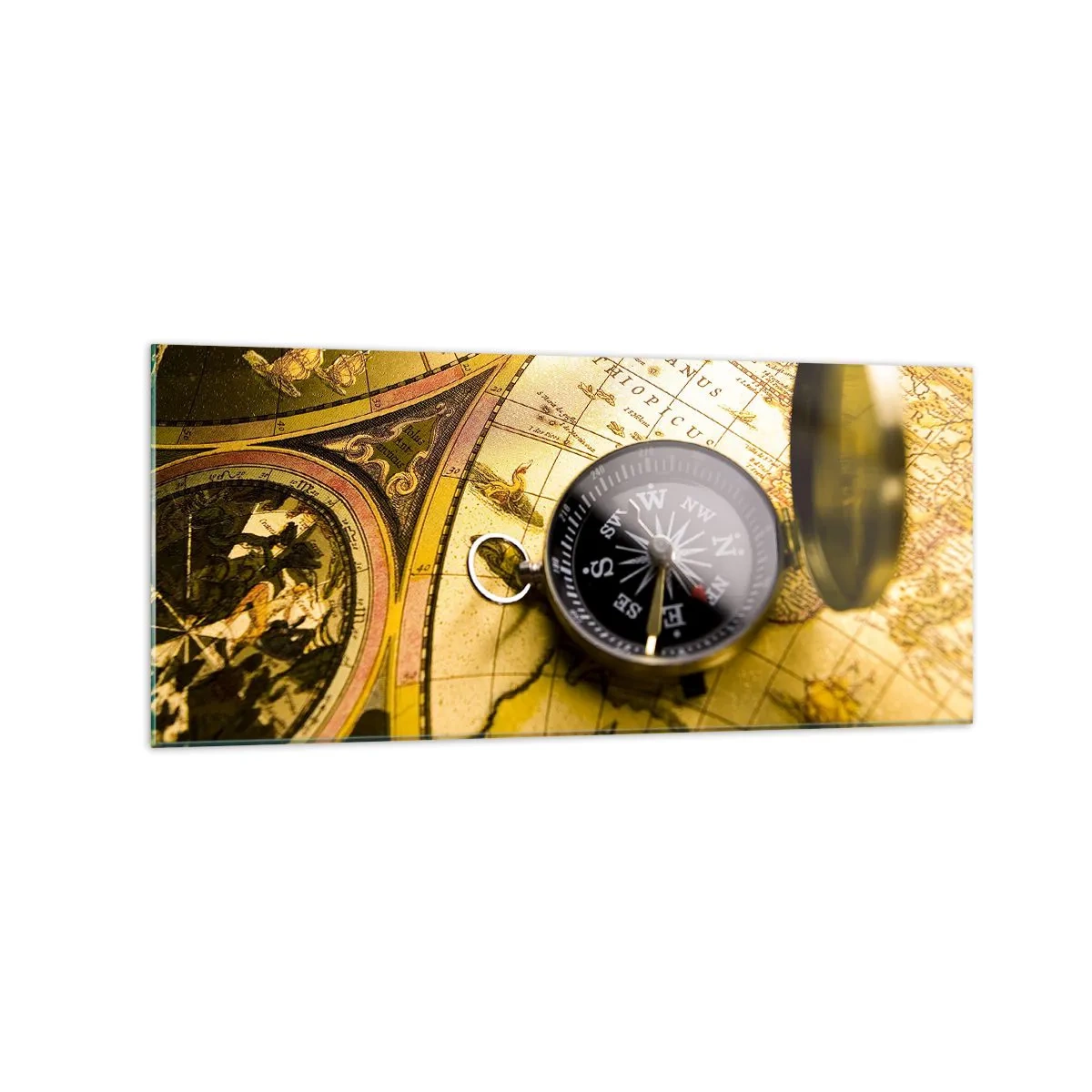 Obraz na szkle - Zabytkowy kompas na tle starej mapy świata - 120x50cm - A może na kraniec świata? - Nowoczesna dekoracja ścienna do salonu i sypialni ARTTOR
