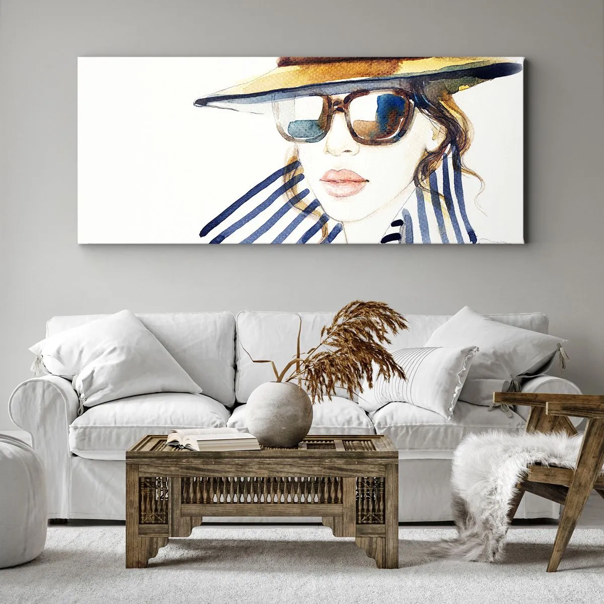 Obraz na płótnie - Portret kobiety w kapeluszu i okularach przeciwsłonecznych - 120x50cm - Floryda wita! - Nowoczesna dekoracja ścienna do salonu i sypialni ARTTOR