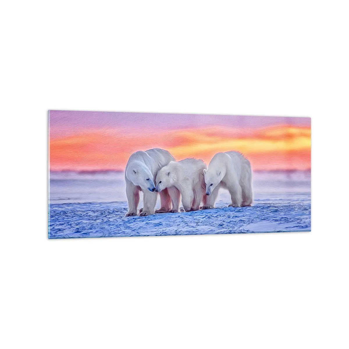 Obraz na szkle - Trzy niedźwiedzie polarne na tle arktycznego zachodu słońca - 120x50cm - Wystarczy rodzinne ciepło - Nowoczesna dekoracja ścienna do salonu i sypialni ARTTOR
