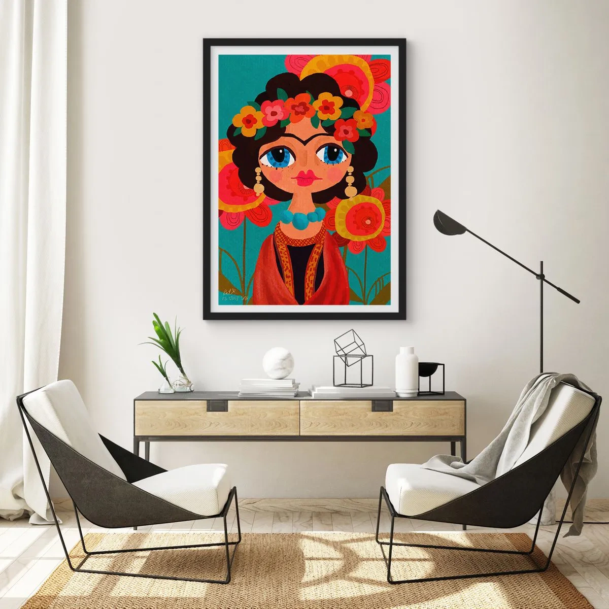 Plakat w czarnej ramie - Kolorowy portret kobiety w stylu folkowym i kwiatowej koronie - 50x70cm - Makowa panienka - Nowoczesna dekoracja ścienna do salonu i sypialni ARTTOR