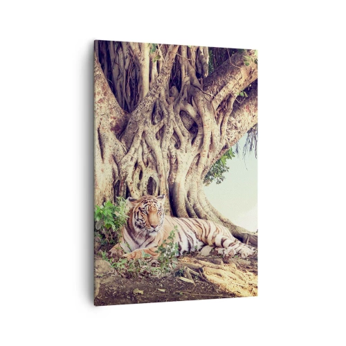 Obraz na płótnie - Tygrys odpoczywający pod rozłożystym drzewem - 70x100cm - Widok z Księgi Rodzaju - Nowoczesna dekoracja ścienna do salonu i sypialni ARTTOR