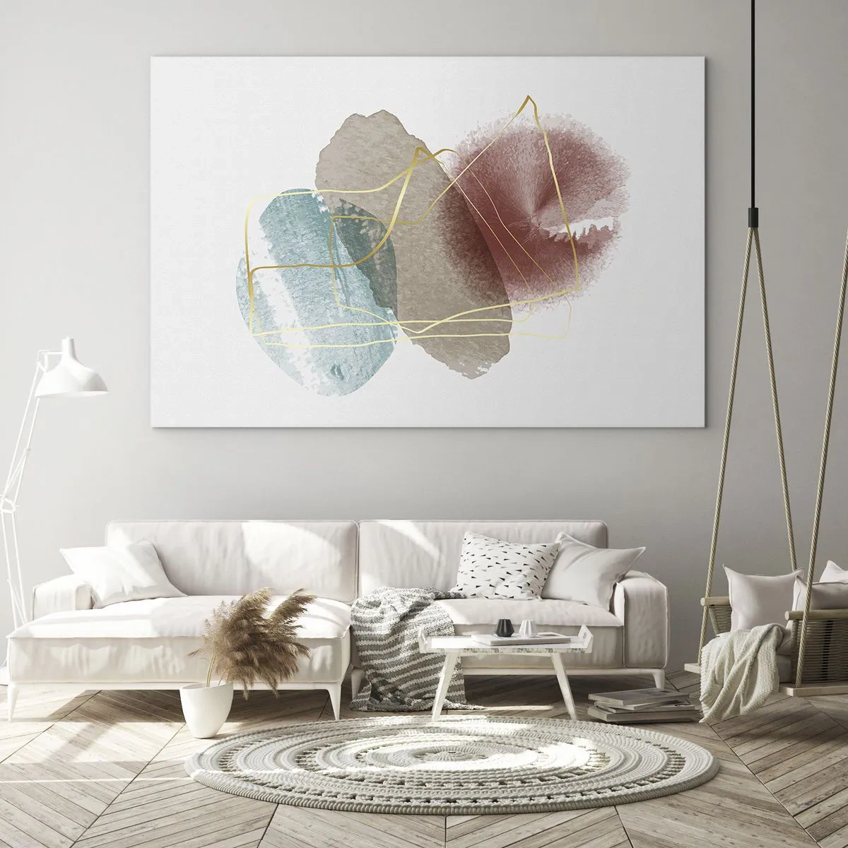 Obraz na szkle - Abstrakcyjne plamy akwareli i złote linie - 100x70cm - Korale przestrzeni - Nowoczesna dekoracja ścienna do salonu, kuchni i sypialni ARTTOR